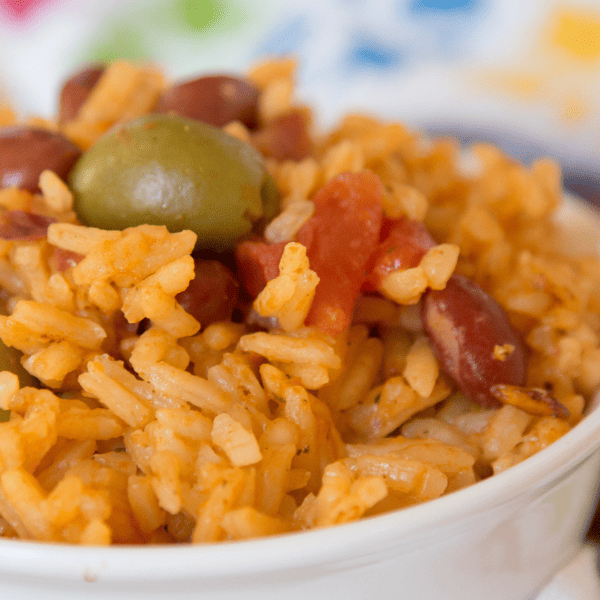 Close up of Puerto Rican Rice and Beans served.