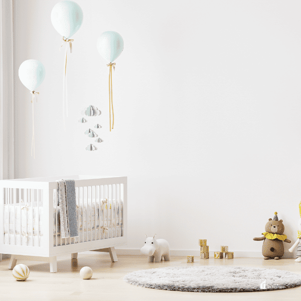 White nursery room interior background with baby bedding, toys, balloons, nursery mock up