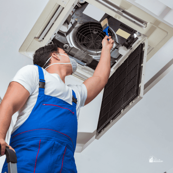 someone cleaning a Ceiling Air Conditioning Unit