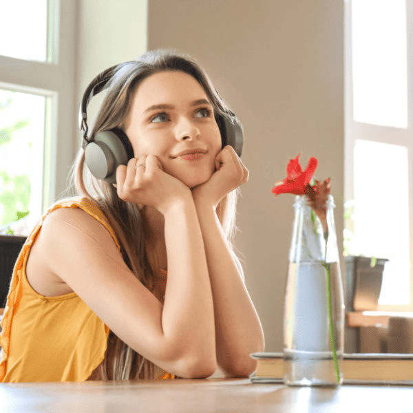 Woman listening to an audiobook.