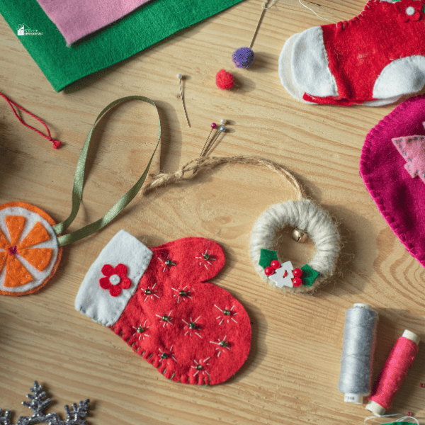 Christmas crafting supplies, handmade felt christmas stocking and decor