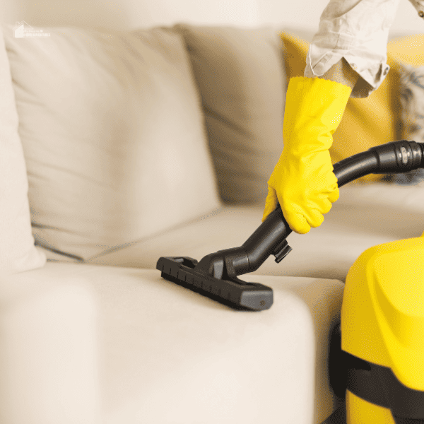 Woman Cleaning chair with Yellow Vacuum Cleaner