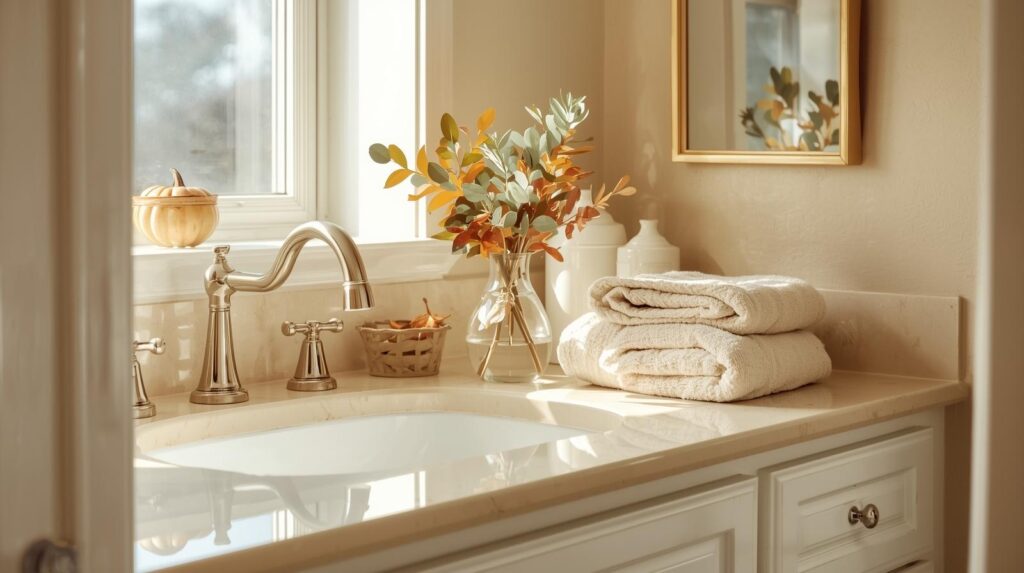 Bright bathroom sink decorated with fall leaves, soft folded towels, and a small pumpkin on the windowsill, freshly cleaned and ready for Thanksgiving guests.