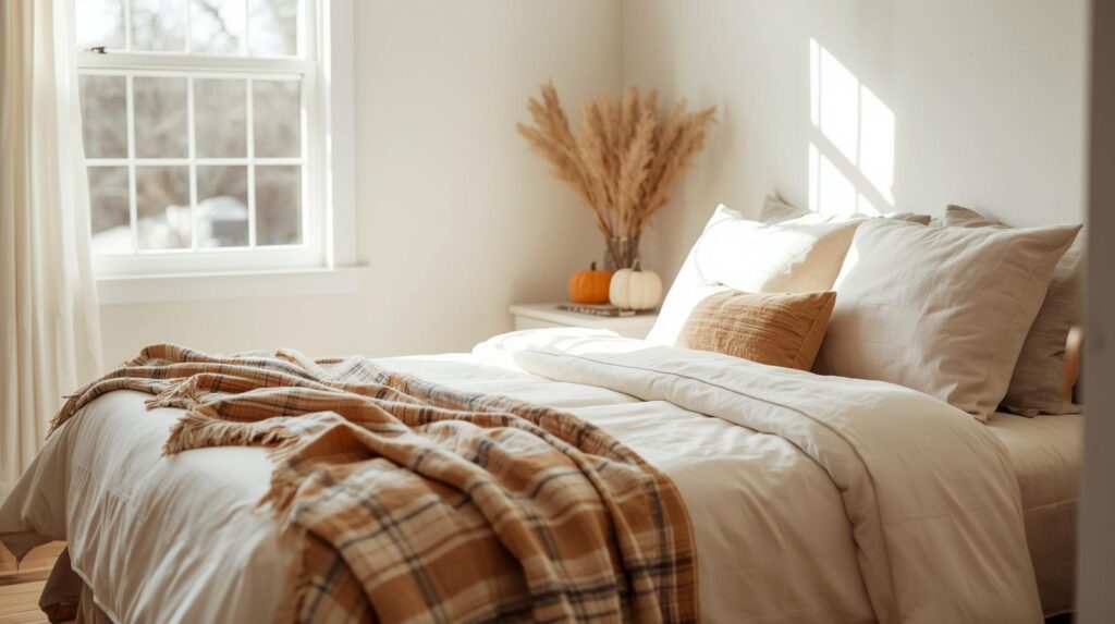 Bright guest bedroom with cream bedding, plaid blanket, and small pumpkins on the nightstand, decorated with soft fall touches for Thanksgiving guests.