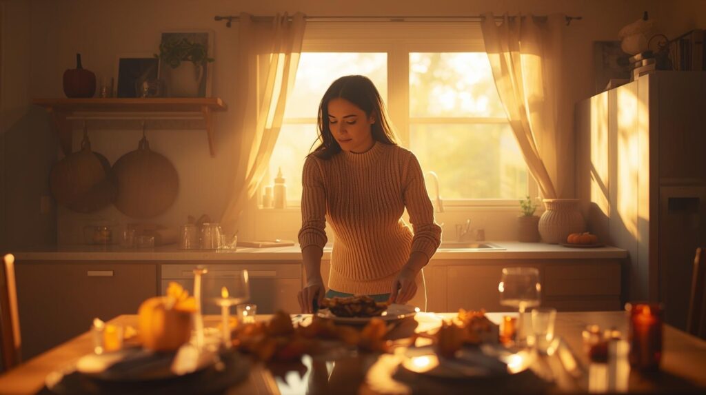 Woman tidying a bright kitchen on Thanksgiving morning with golden sunlight, candles, and pumpkins creating a cozy holiday atmosphere.