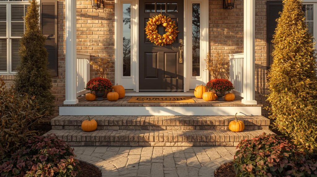 Front porch decorated for Thanksgiving with pumpkins, a fall wreath, and seasonal plants, freshly cleaned and ready to welcome guests.