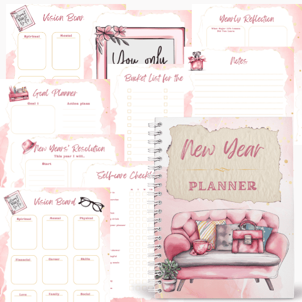 New Year Planner with notebook mockup and sheets behind it.