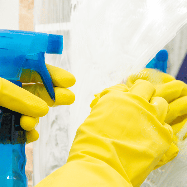 Person using spray to clean mirror