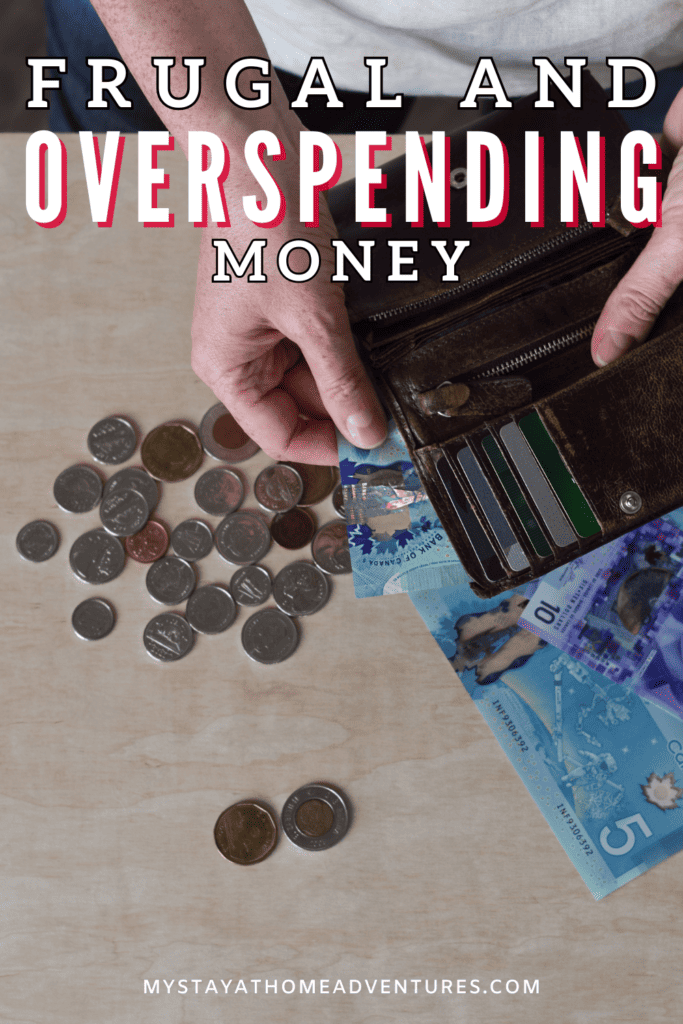 Female hands holding wallet paying with cash dollar with text: "Frugal and overspending money"