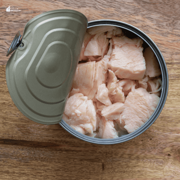 An square image of canned chicken.