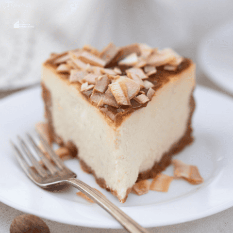 square sized image of coquito cheesecake