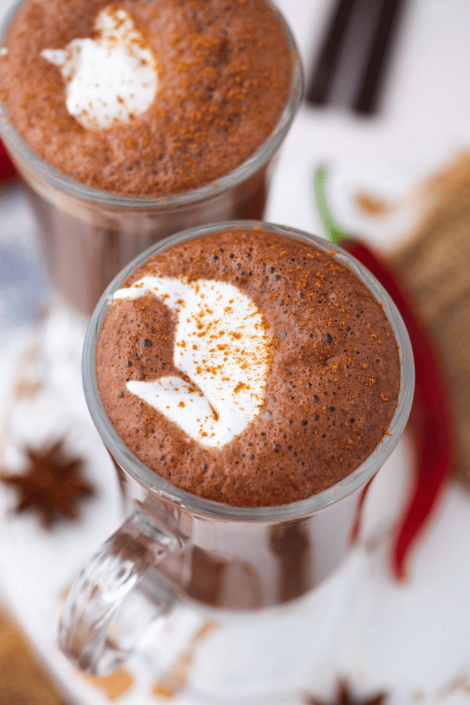 Top view of Mexican hot chocolate served.