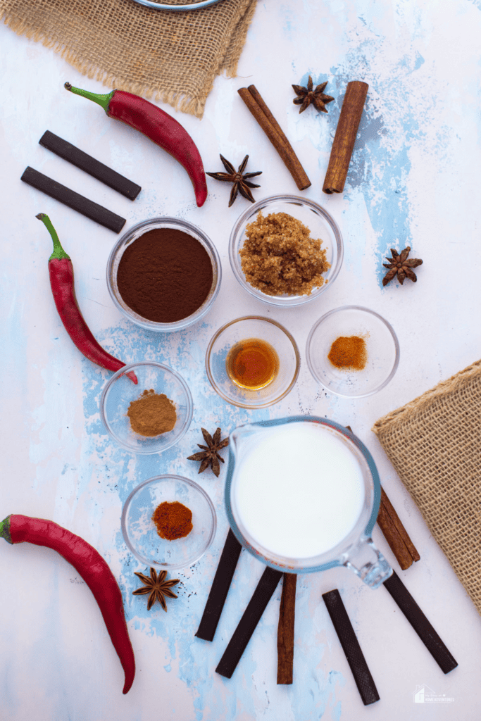 Top view of Mexican hot chocolate ingredients