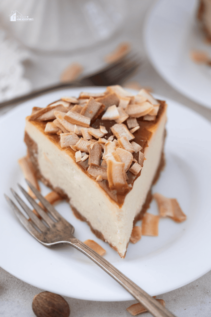 sliced image of coquito cheesecake
