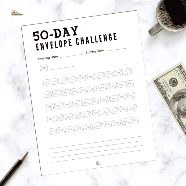 Top View of 50 Day Envelope Challenge sheet, pen, coffee and cash