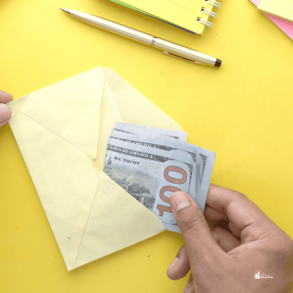 person hand putting cash in a envelope