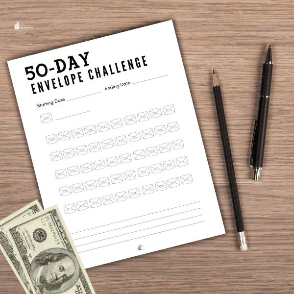 50 Day Envelope Challenge sheet with cash and pen