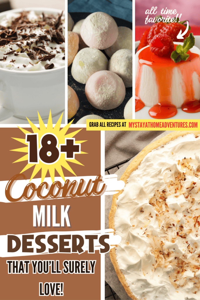 A pinterest image of different coconut milk dessert recipes, with the text - 18+ Coconut Milk Desserts That You'll Surely Love! The site's link is also included in the image.