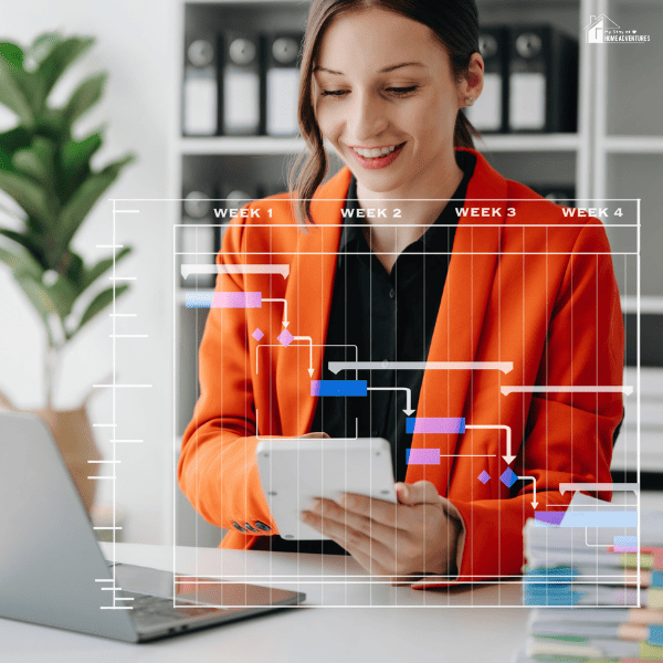 An image of a woman holding a calculator and a weekly progress chart on the front.