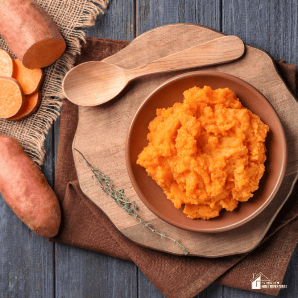 A square image of Instant Pot Mashed Sweet Potatoes. 