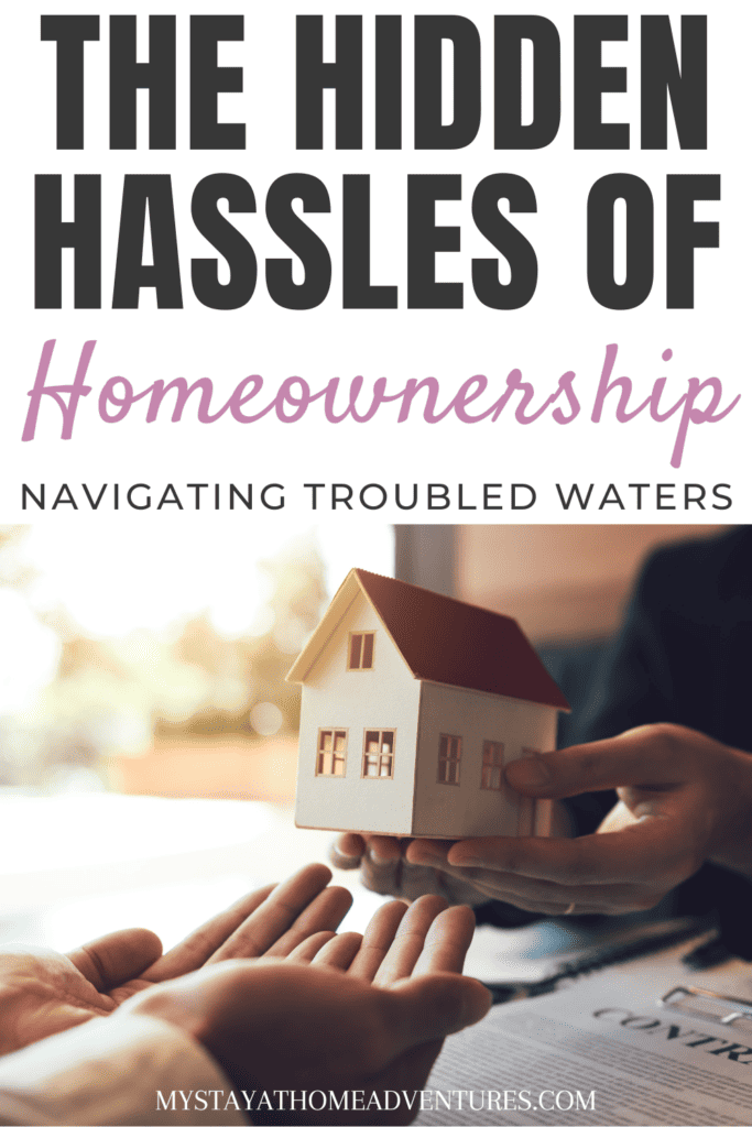 Real Estate Agent congratulating a new home buyer with text: "The Hidden Hassles of Homeownership: Navigating Troubled Waters"