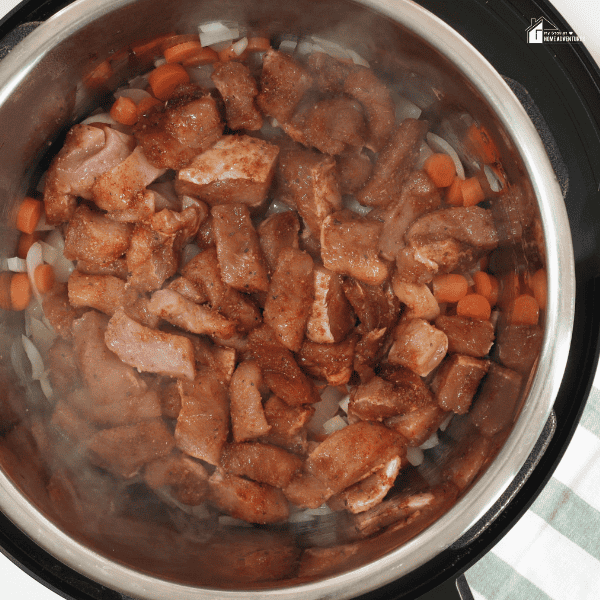 An image of meat pieces, carrots, and onions in a pressure cooker.