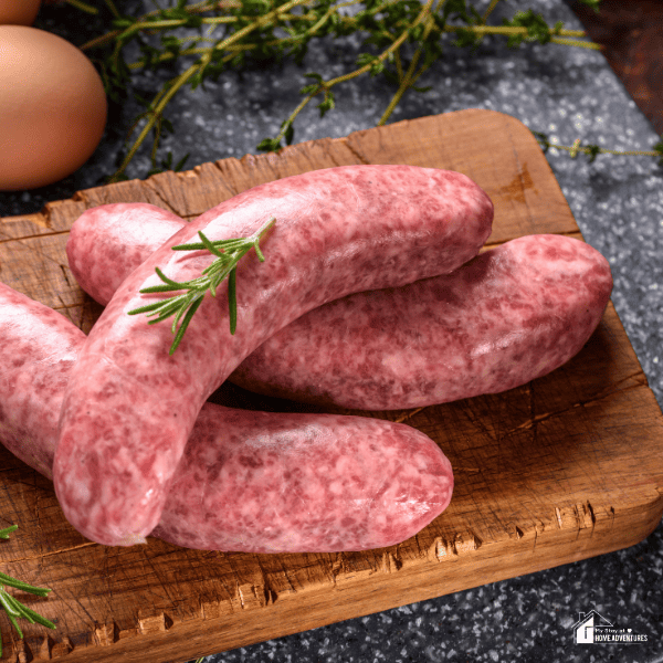 A closeup image of italian sausages on a chopping board.