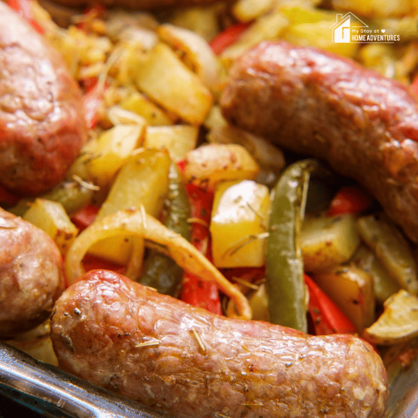 a square image of sausage and peppers