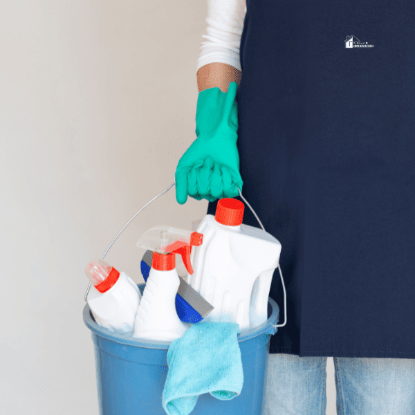 Cleaning Lady Holding Cleaning Bucket with bleach