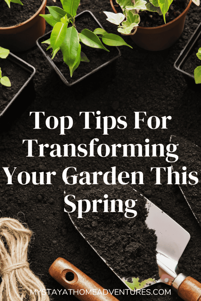 An image of gardening tools with text: "Top Tips For Transforming Your Garden This Spring"