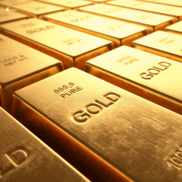 Rows of pure gold bars arranged neatly, representing secure gold bullion investments.