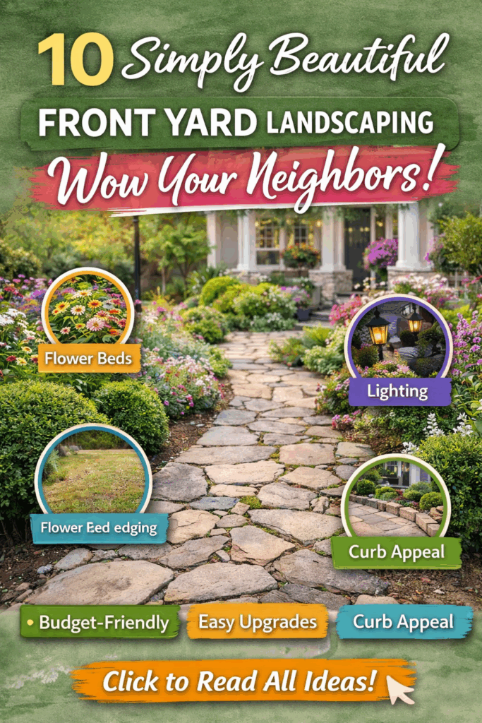 Front yard landscaping with stone walkway, flower bed edging, outdoor garden lighting, colorful flowers, trimmed shrubs, and budget friendly curb appeal ideas for a beautiful home exterior.