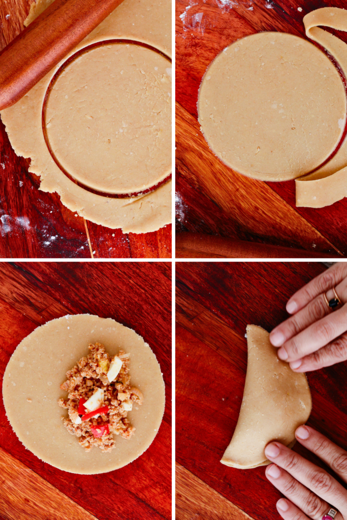 Step-by-step process for assembling easy baked beef empanadas, showing how to cut the dough, add beef filling, and fold and seal the empanadas by hand.