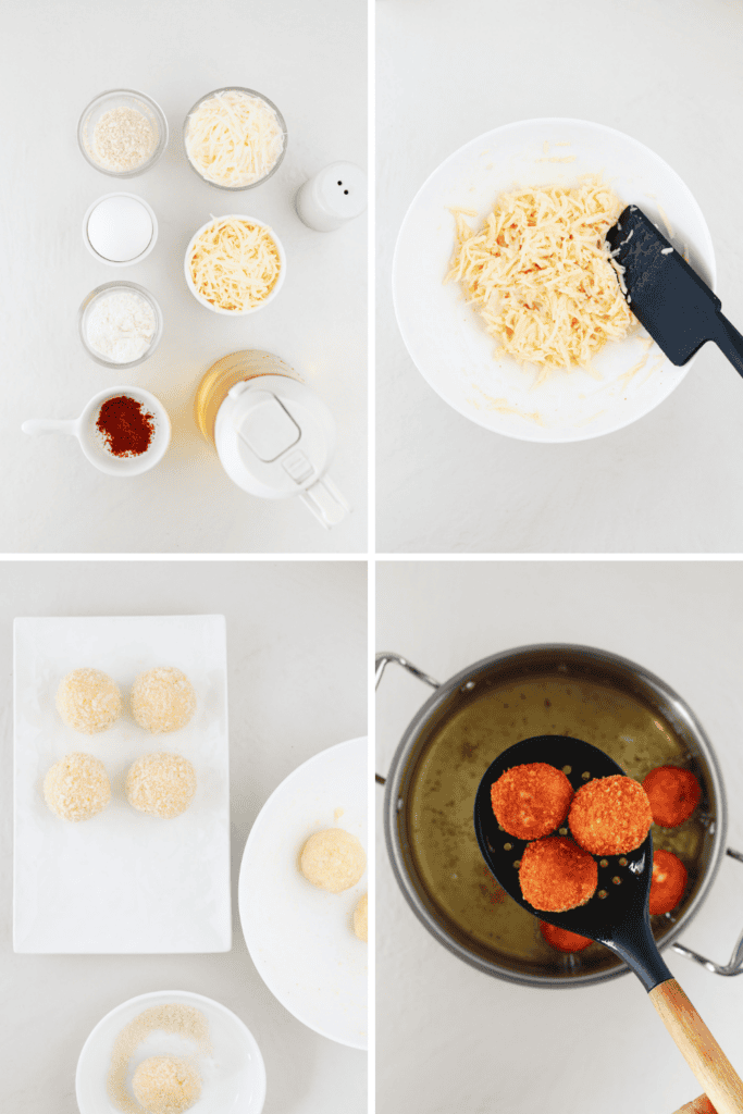 Step-by-step collage showing how to make Puerto Rican bolitas de queso, from the cheese mixture and breadcrumb coating to crispy fried cheese balls.