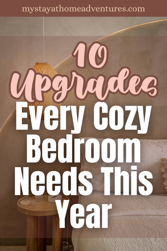 A warm, inviting bedroom with a textured wall, soft bedding, a wooden nightstand, and a woven lamp creating a cozy atmosphere.