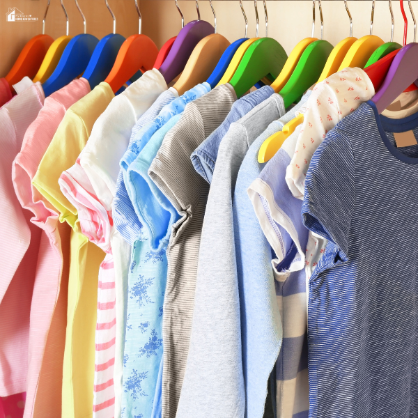Gently used clothing on colorful hangers—one of the top-selling categories at yard sales in 2026.