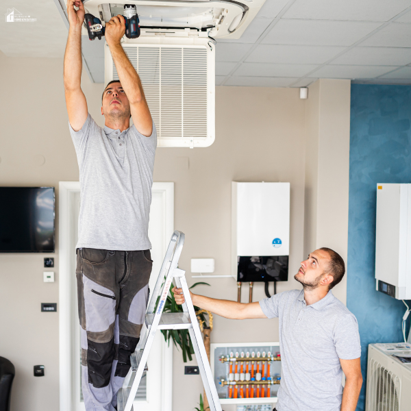 Two men in work uniforms inspecting and repairing a ceiling air conditioning unit indoors using a drill and ladder.