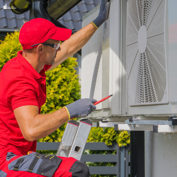 Technician in red uniform and cap working on an outdoor HVAC unit while standing on a ladder.