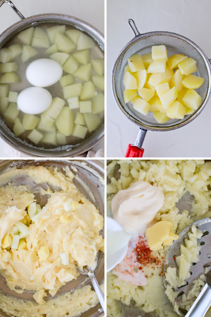 Step-by-step process of making Puerto Rican mashed potatoes with eggs, showing boiled potatoes and eggs, draining, mashing, and mixing with mayonnaise, butter, and adobo seasoning for a creamy Caribbean side dish.