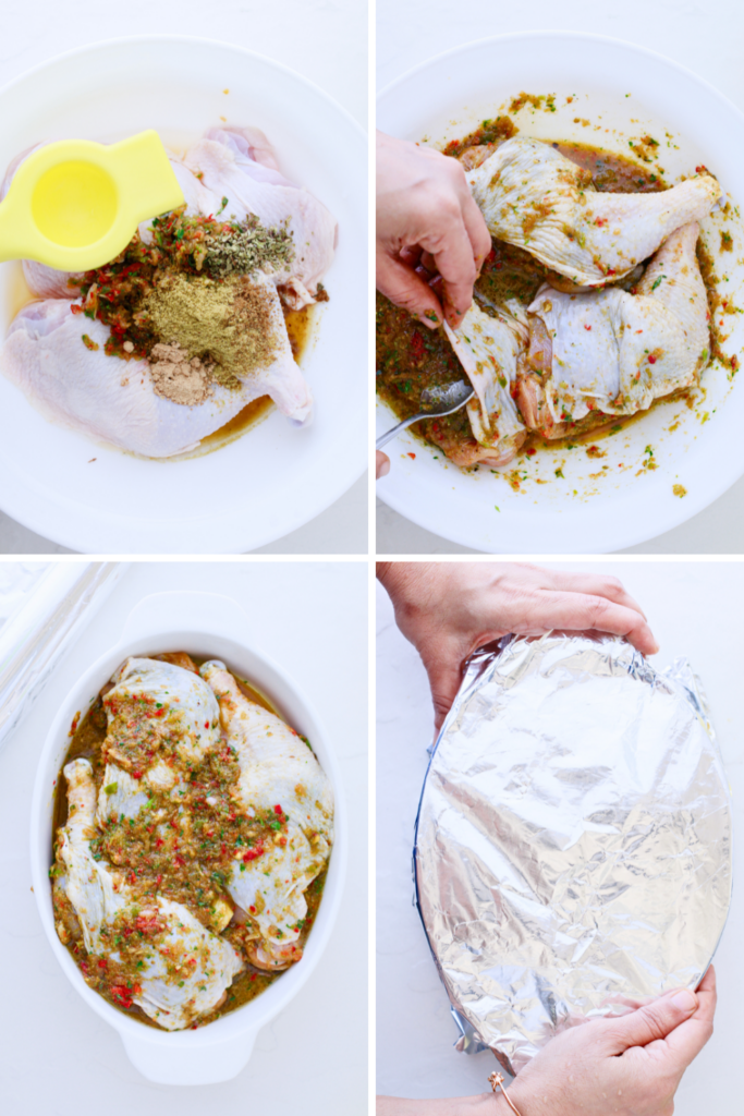 Step-by-step process showing how to make Puerto Rican baked chicken, including adding sofrito and spices to raw chicken, mixing to coat, and covering the dish with foil before baking.