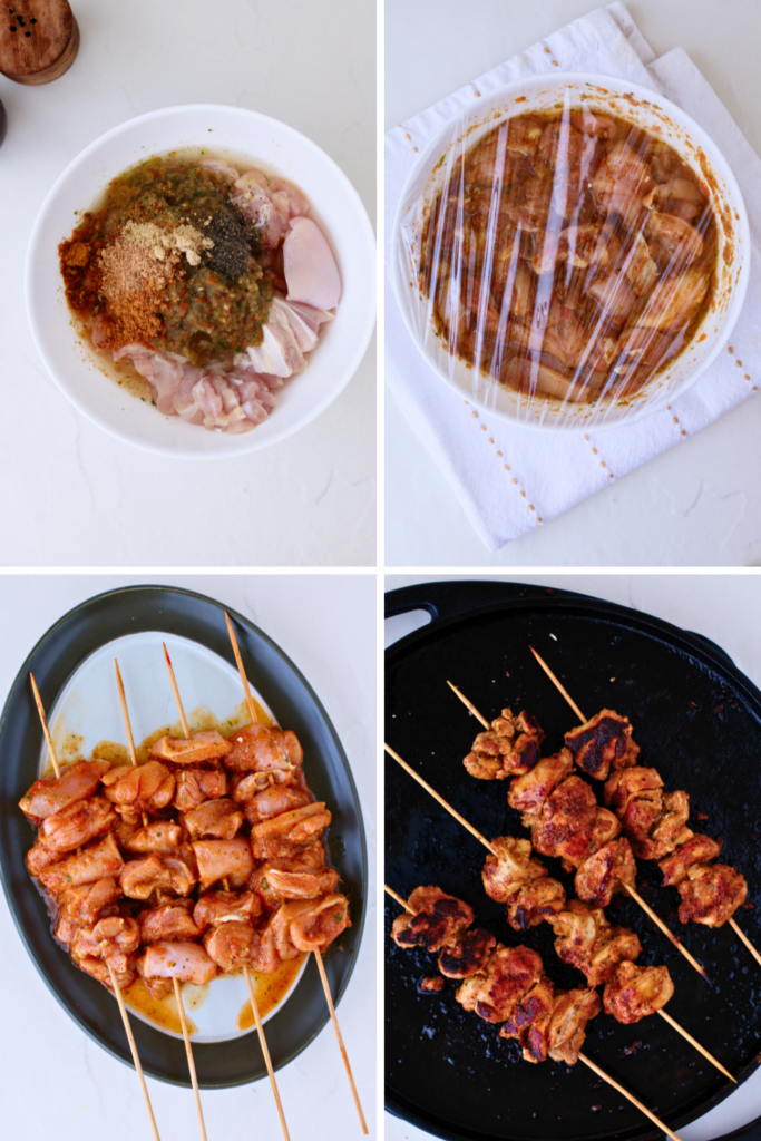 Step-by-step process of making Puerto Rican pinchos showing marinated chicken with spices, covered in plastic wrap, threaded onto skewers, and grilled.