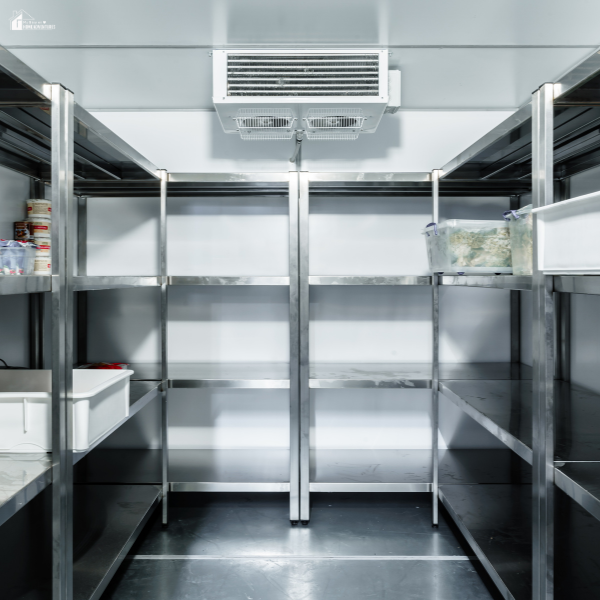 A commercial freezer room with stainless steel shelving and visible cooling unit on the ceiling, partially stocked with food containers.