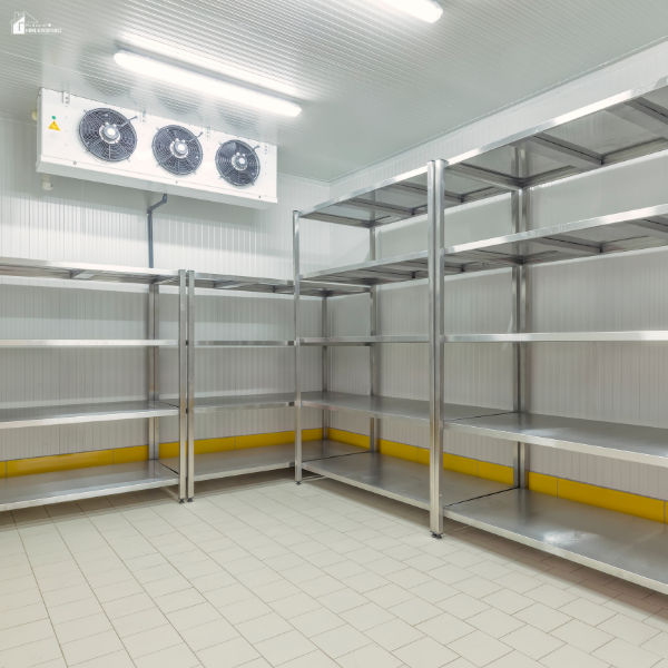 An empty commercial freezer room with multiple metal shelves and industrial cooling fans mounted on the wall.