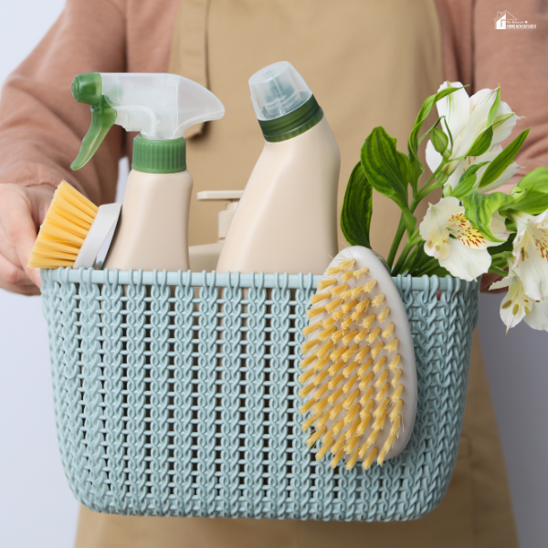 A person holding a light blue basket filled with natural cleaning supplies, scrub brushes, and fresh flowers, ready for a deep clean.