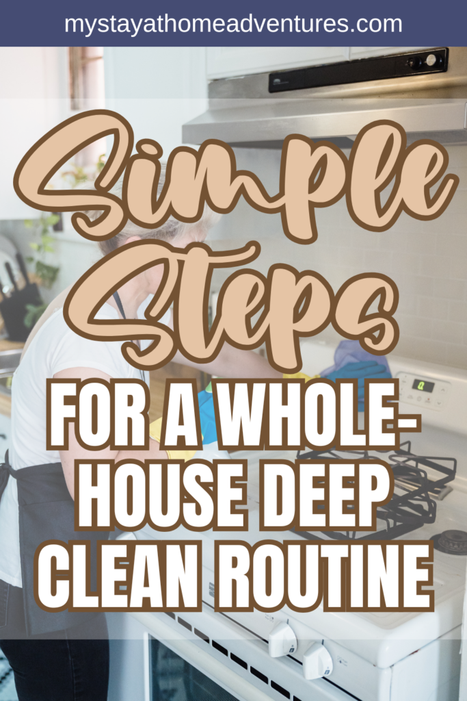 A person wiping a stovetop in a bright kitchen while wearing an apron, illustrating part of a whole-house deep cleaning routine.