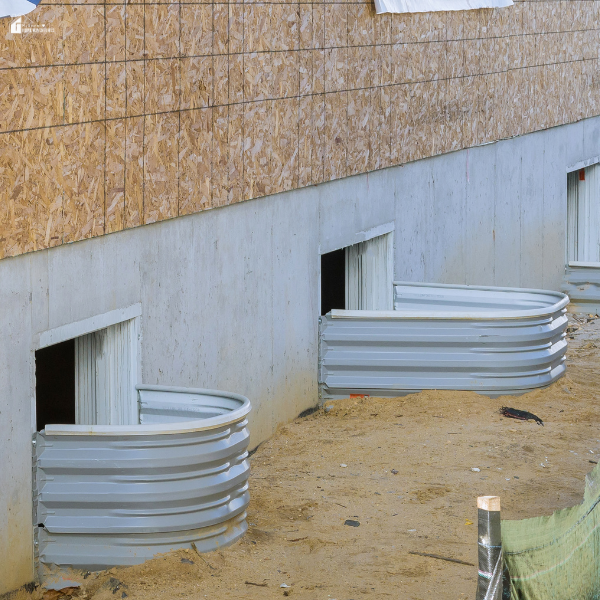 Several new metal window wells are installed along the concrete foundation of a building under construction.