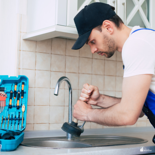 A plumber in a black cap and white shirt uses a plunger on a kitchen sink with a blue toolbox open beside him.