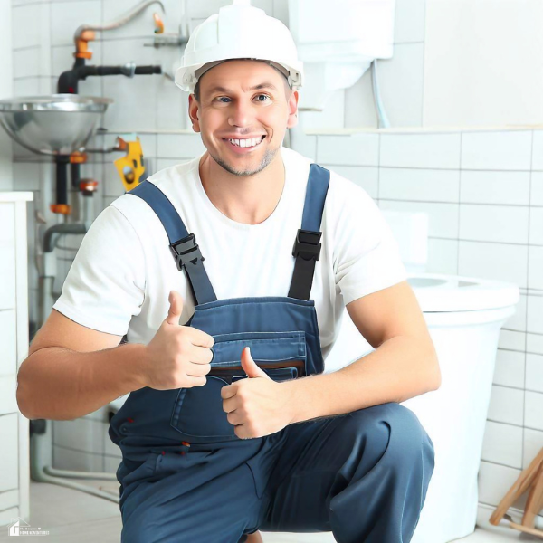 A happy plumber in blue overalls and a white hard hat gives a thumbs-up while kneeling in a clean bathroom.