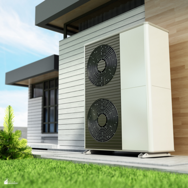 A modern heat pump system installed outside a contemporary home to improve energy efficiency.
