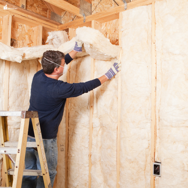 A man fitting fiberglass insulation into an unfinished wall to enhance a home’s thermal efficiency.